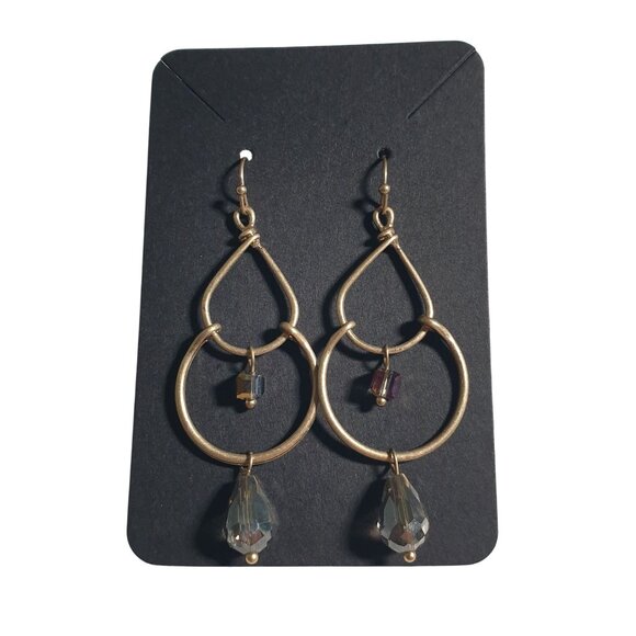 Gold Tone Teardrop Hoop Dangle Earrings Crystal Accents Hook Back Boho Chic - Picture 1 of 4